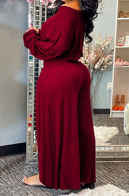 Black Women Solid Color Casual Loose Long Sleeve Dew Waist Wide-legged pants KKY80057-1