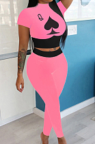 Pink Wholesal Women Pattern Digital Printing Short Sleeve Round Neck Crop Top Bodycon Pants Casual Sets LYY9260-4