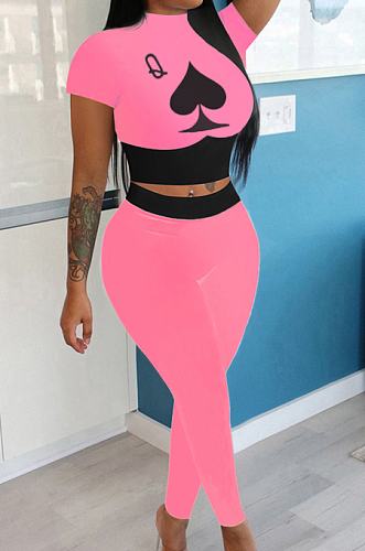 Pink Wholesal Women Pattern Digital Printing Short Sleeve Round Neck Crop Top Bodycon Pants Casual Sets LYY9260-4