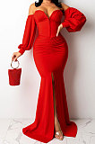 Black Pure Color Strapless Slim Fitting Sexy Split Long Dress KZ2131-3