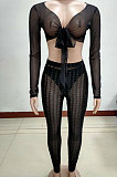 Black Euramerican Mesh Spaghetti V Neck Pure Color Dew Waist Pants Sets KA7195-2