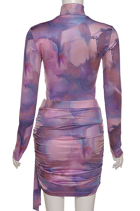 Pink Women Trendy Round Neck Long Sleeve Jumpsuits Hip Skirts Sets QNFS04515-1