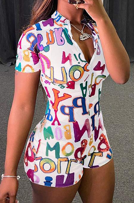 White Fashion Letter Printing Short Sleeve Stand Collar Zippet Collcet Waist Romper Shorts LYY9258-1