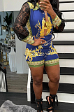 Black Sexy Autumn Printing Lace Spliced Long Sleeve Lapel Collar Single-Breasted Shirts Shorts Two-Piece L0360-1