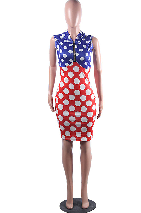 Black White Spliced Wave Point Printing Sleeveless Zipper Hoodie Collcet Waist Hip Dress MLL107-1