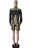 Red Sexy Autumn Printing Lace Spliced Long Sleeve Lapel Collar Single-Breasted Shirts Shorts Two-Piece L0360-2
