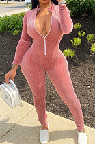 Pink Autumn And Winter Korea Velvet  Long Sleeve Stand Neck Zipper Slim Fitting Sport Jumpsuits HY5239-1