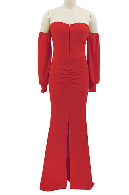 Yellow Pure Color Strapless Slim Fitting Sexy Split Long Dress KZ2131-2