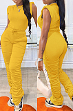 Khaki Casual Wholesal Sleeveless Round Neck Zip Back Drawsting Ruffle Pants Solid Color Two-Piece SZS8167-3