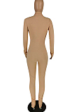 Black Casual Long Sleeve Stand Neck Zipper Collcet Waist Solid Color Bodycon Jumpsuits E8548-1