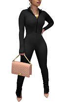 Black Casual Long Sleeve Stand Neck Zipper Collcet Waist Solid Color Bodycon Jumpsuits E8548-1