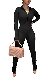 Black Casual Long Sleeve Stand Neck Zipper Collcet Waist Solid Color Bodycon Jumpsuits E8548-1