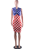 Blue Red Spliced Wave Point Printing Sleeveless Zipper Hoodie Collcet Waist Hip Dress MLL107-2