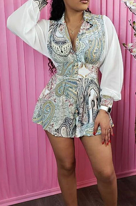 White Sexy Printing Spliced Long Sleeve Lapel Neck Back Hollow Out Bandage Romper Shorts SXS6068