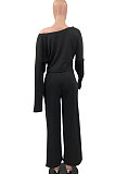 Black Women Solid Color Casual Loose Long Sleeve Dew Waist Wide-legged pants KKY80057-1