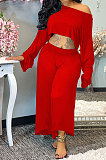 Red Women Solid Color Casual Loose Long Sleeve Dew Waist Wide-legged pants KKY80057-4