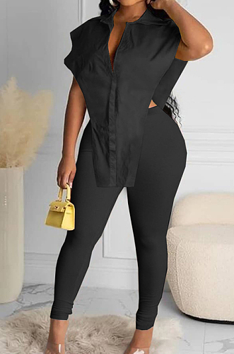 White New Fashion Pure Color Lapel Neck Single-Breasted From Shoulder Shirts Bodycon Pants Two-Piece LYY9314-1