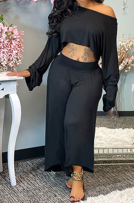 Orange Women Solid Color Casual Loose Long Sleeve Dew Waist Wide-legged pants KKY80057-3