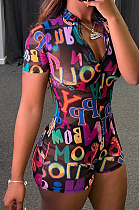 Black Fashion Letter Printing Short Sleeve Stand Collar Zippet Collcet Waist Romper Shorts LYY9258-3