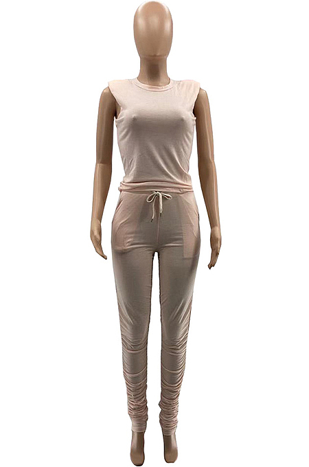 Navy Cyan Casual Wholesal Sleeveless Round Neck Zip Back Drawsting Ruffle Pants Solid Color Two-Piece SZS8167-1