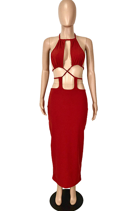 Fruit Green Summer New Condole-Belt Backless Hollow Out Bodycon Pure Color Long Dress YNS1649-2