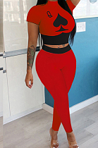 Red Wholesal Women Pattern Digital Printing Short Sleeve Round Neck Crop Top Bodycon Pants Casual Sets LYY9260-3