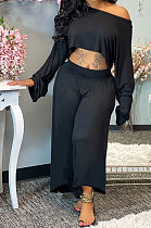 Black Women Solid Color Casual Loose Long Sleeve Dew Waist Wide-legged pants KKY80057-1