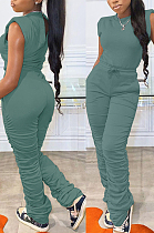 Navy Cyan Casual Wholesal Sleeveless Round Neck Zip Back Drawsting Ruffle Pants Solid Color Two-Piece SZS8167-1