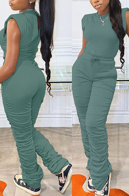 Navy Cyan Casual Wholesal Sleeveless Round Neck Zip Back Drawsting Ruffle Pants Solid Color Two-Piece SZS8167-1