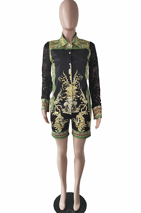 Red Sexy Autumn Printing Lace Spliced Long Sleeve Lapel Collar Single-Breasted Shirts Shorts Two-Piece L0360-2