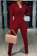 Wine Red Casual Long Sleeve Stand Neck Zipper Collcet Waist Solid Color Bodycon Jumpsuits E8548-3