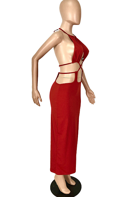 Black Summer New Condole-Belt Backless Hollow Out Bodycon Pure Color Long Dress YNS1649-5