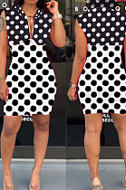 Black White Spliced Wave Point Printing Sleeveless Zipper Hoodie Collcet Waist Hip Dress MLL107-1