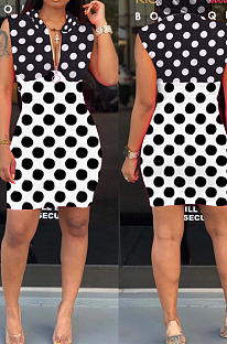Black White Spliced Wave Point Printing Sleeveless Zipper Hoodie Collcet Waist Hip Dress MLL107-1