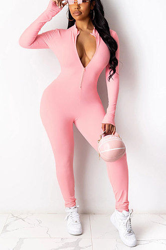 Pink Euramerican Solid Color Zipper Long Sleeve Sexy Tight Lady Bodycon Jumpsuits KZ2134-3