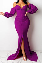 Purple Pure Color Strapless Slim Fitting Sexy Split Long Dress KZ2131-4
