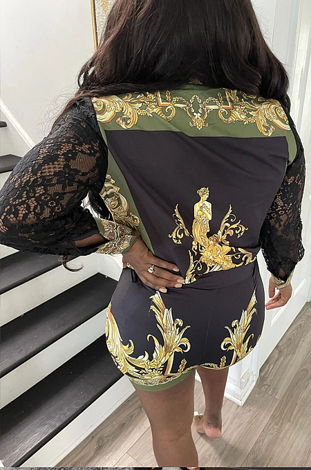 Red Sexy Autumn Printing Lace Spliced Long Sleeve Lapel Collar Single-Breasted Shirts Shorts Two-Piece L0360-2
