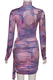 Purple Women Trendy Round Neck Long Sleeve Jumpsuits Hip Skirts Sets QNFS04515-2