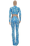 Blue Women Fashion Printing Dew Waist V Neck Bandage Sexy Pants Sets FFE174