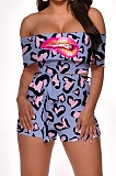Blue Night Club Lips Leopard Printing A Word Shoulder Bandage Shorts Two-Piece MLL105-2