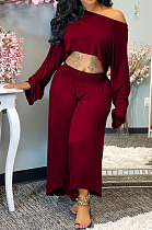 Wine Red Women Solid Color Casual Loose Long Sleeve Dew Waist Wide-legged pants KKY80057-5