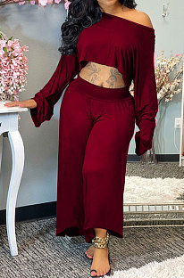 Wine Red Women Solid Color Casual Loose Long Sleeve Dew Waist Wide-legged pants KKY80057-5