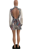 White Sexy Printing Spliced Long Sleeve Lapel Neck Back Hollow Out Bandage Romper Shorts SXS6068