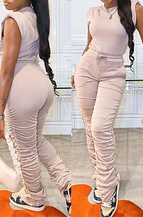 Khaki Casual Wholesal Sleeveless Round Neck Zip Back Drawsting Ruffle Pants Solid Color Two-Piece SZS8167-3