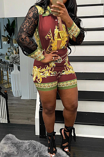 Red Sexy Autumn Printing Lace Spliced Long Sleeve Lapel Collar Single-Breasted Shirts Shorts Two-Piece L0360-2