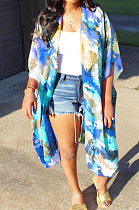 Blue Euramerican Women Tid Dye Printing Short Sleeve Dust Coat MLL115-3
