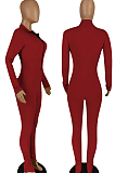 Wine Red Casual Long Sleeve Stand Neck Zipper Collcet Waist Solid Color Bodycon Jumpsuits E8548-3