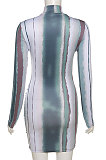 Green Fashion Round Neck Women Bodycon Long Sleeve Hip Raising Ruffle Mini Dress QNFS04632-1