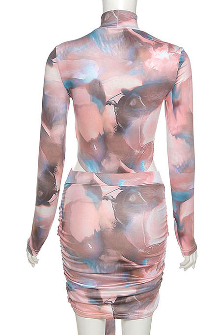 Pink Women Trendy Round Neck Long Sleeve Jumpsuits Hip Skirts Sets QNFS04515-1
