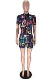 Red Fashion Letter Printing Short Sleeve Stand Collar Zippet Collcet Waist Romper Shorts LYY9258-2